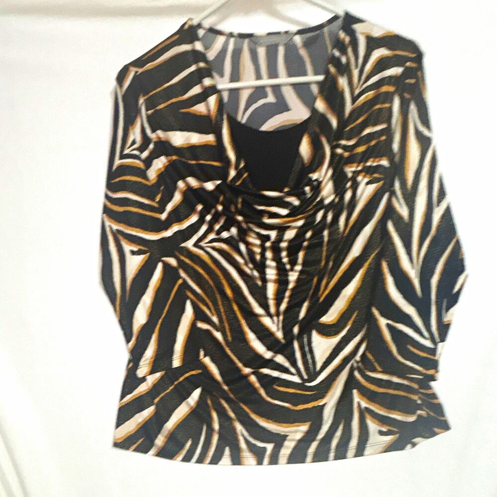 Investments Women's Blouse L Animal Print Cowl Neck 3/4 Sleeve Knit Stretch
